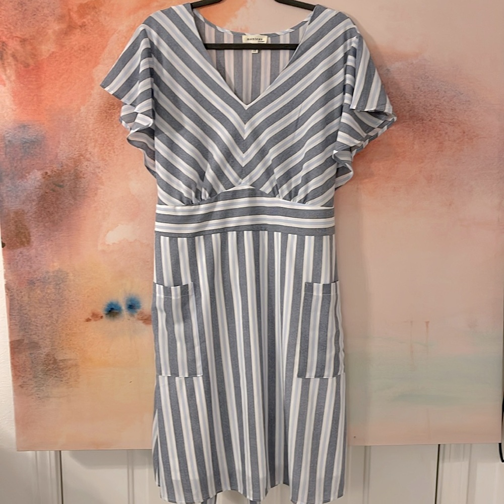 Monteau VNeck Dress Blue/White Striped Bottom Lined Size 1X EUC